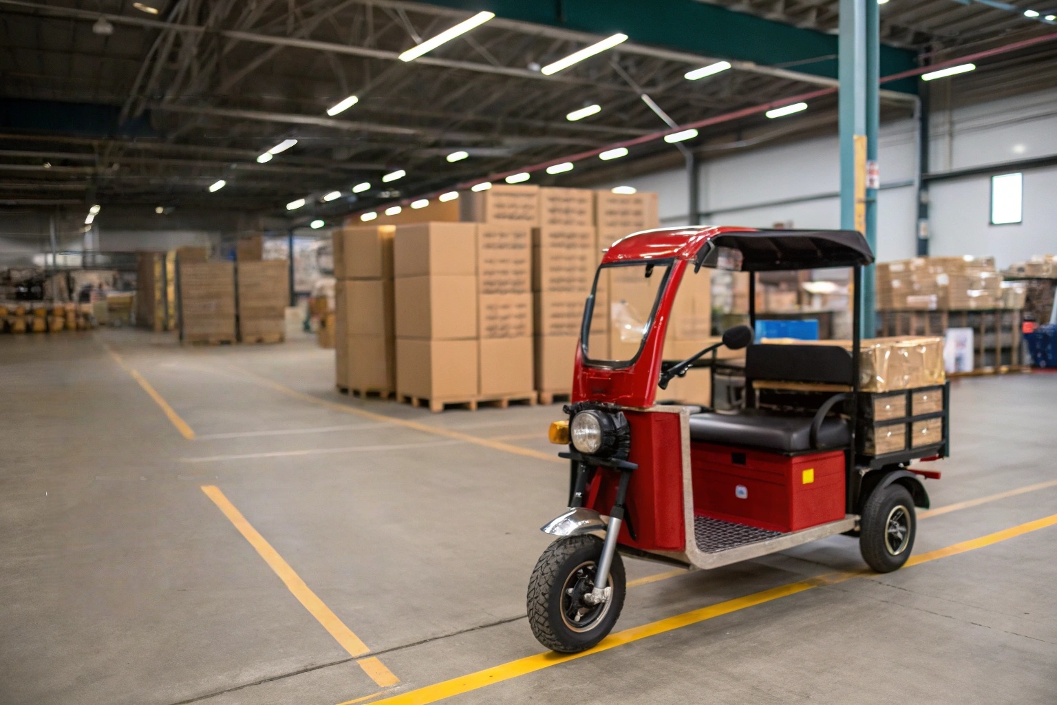 a stressed business owner looking at unsold electric tuk tuks in a warehouse