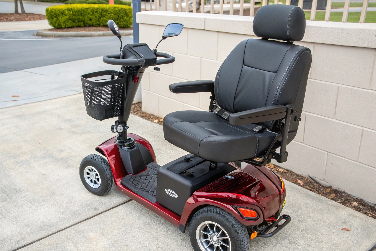 Close-up of a deluxe captain's seat and delta tiller handlebars on a mobility scooter