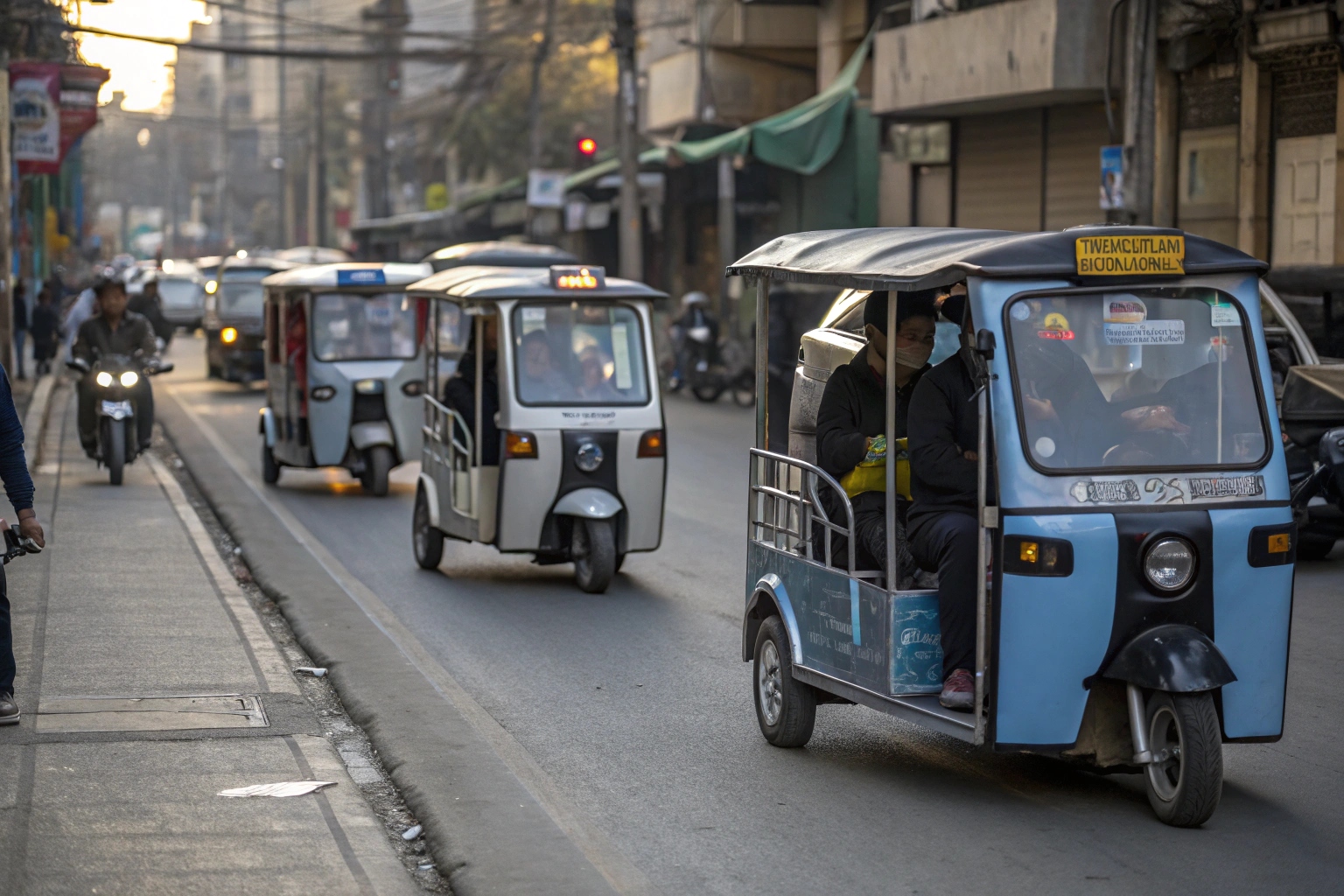 an electric tuk truck easily navigating a narrow European-style alley while a larger van is blocked