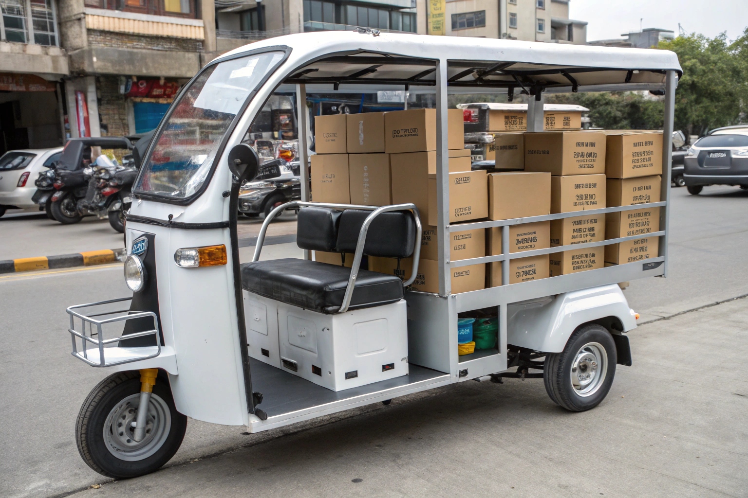 a collage of tuk tuks in different roles: food truck, cargo pickup, and passenger transport