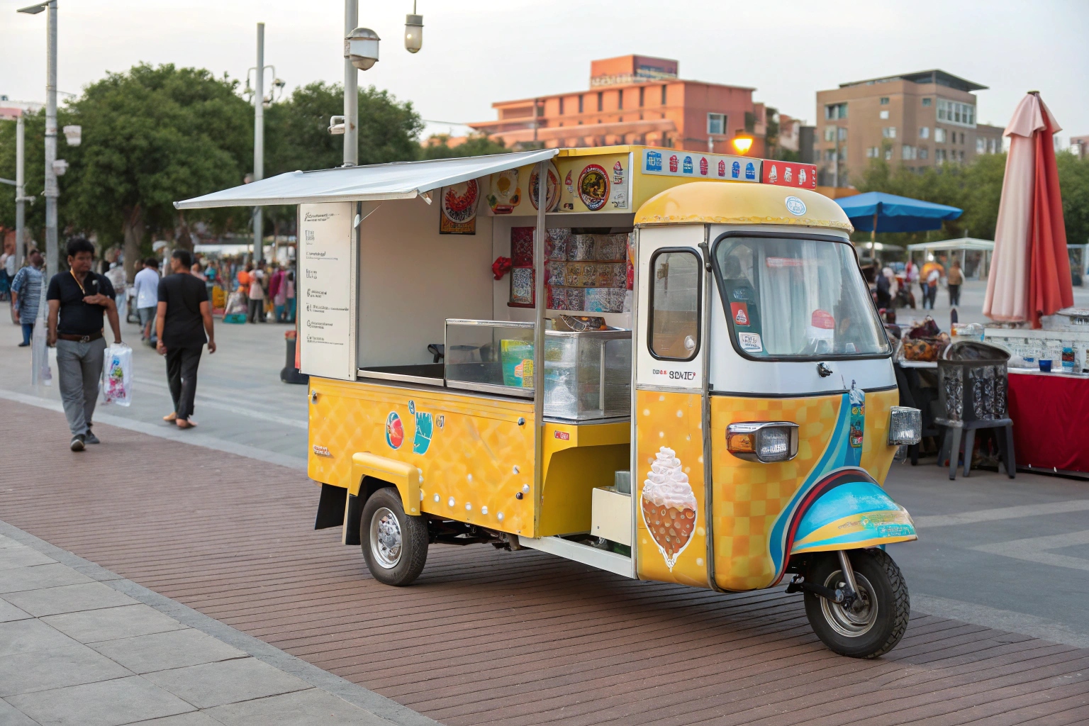 a cute custom-painted ice cream tuk tuk food truck serving customers in a park