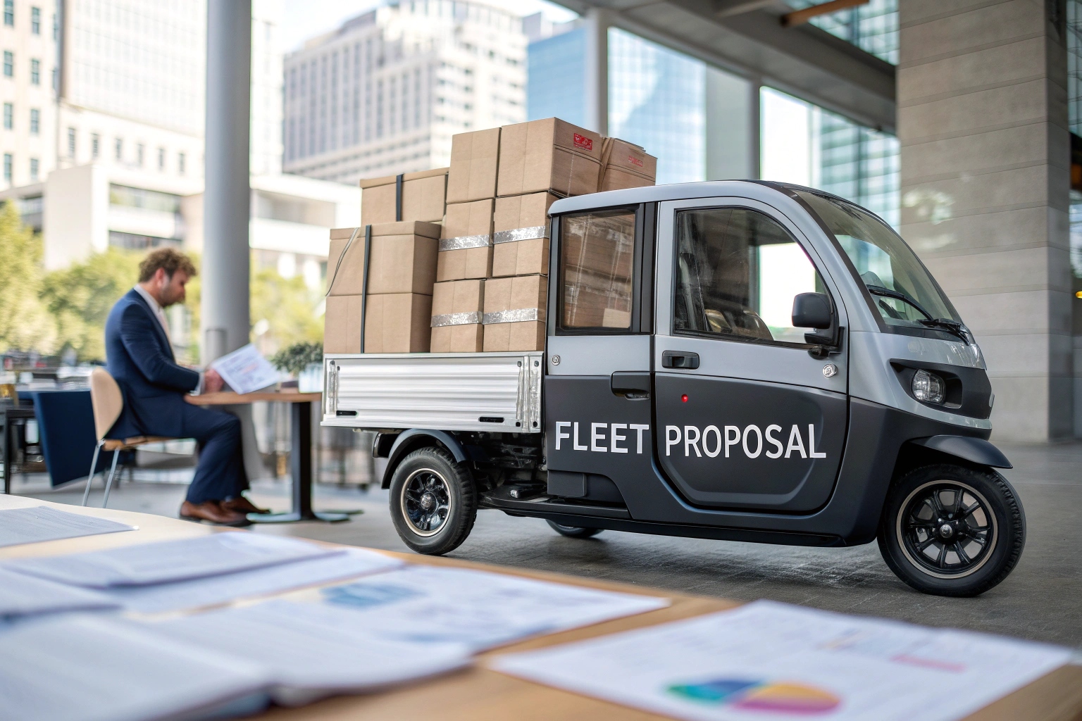 a salesperson presenting an electric cargo trike to a courier company manager