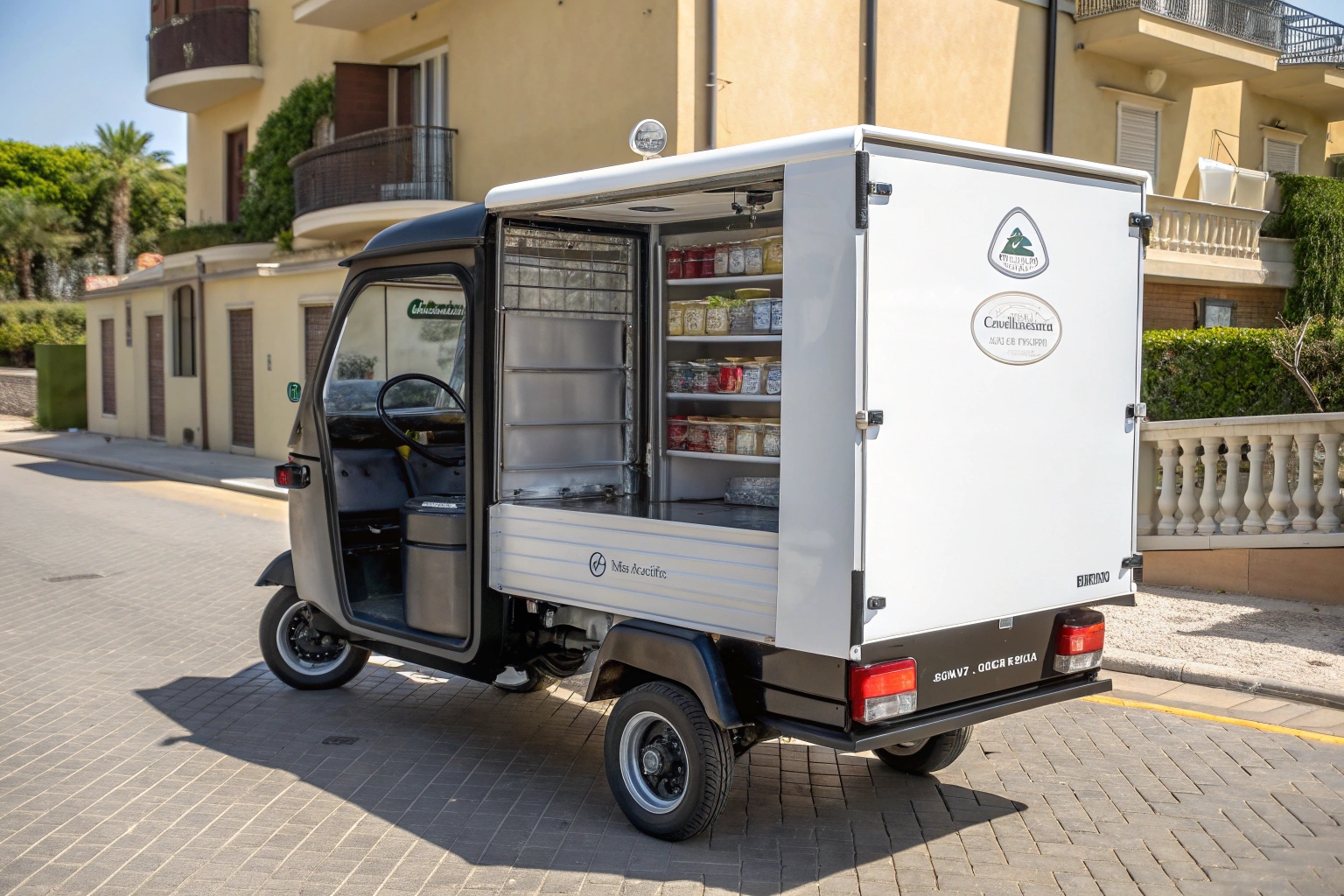 a lineup of customized tuk tuk pickups with different cargo boxes and branding