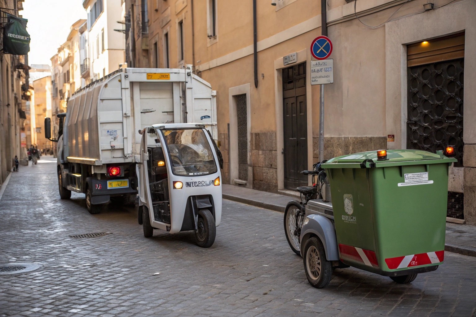 a side-by-side comparison image of a small garbage truck and an electric garbage tricycle