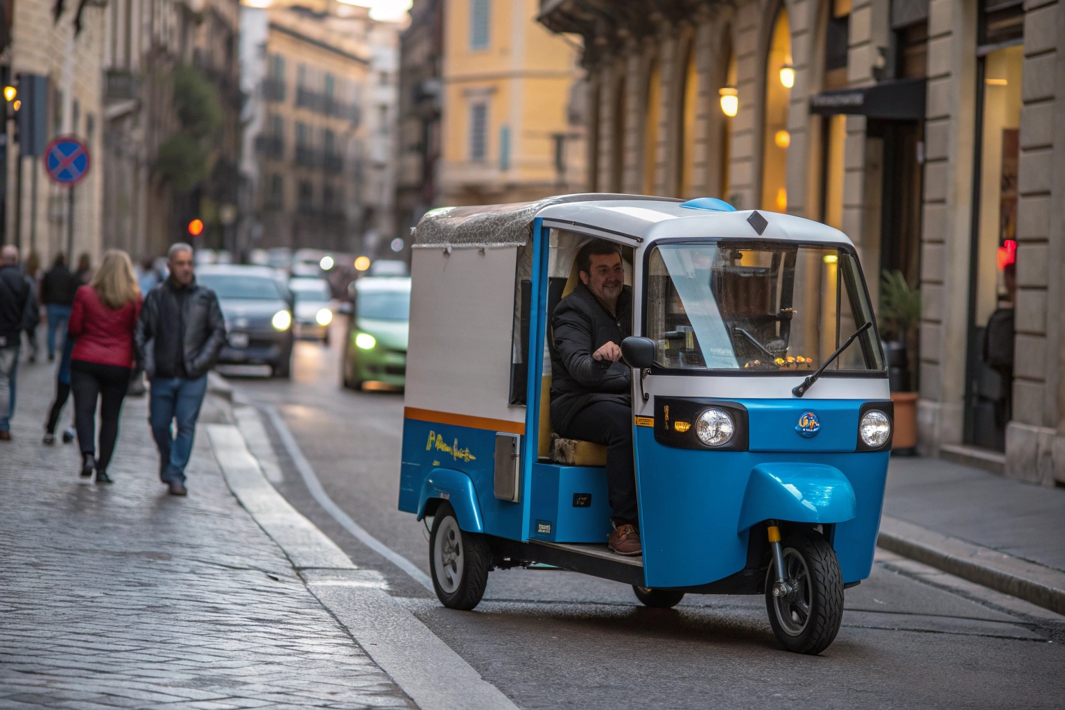 an electric tricycle van next to a traditional delivery van on a city street