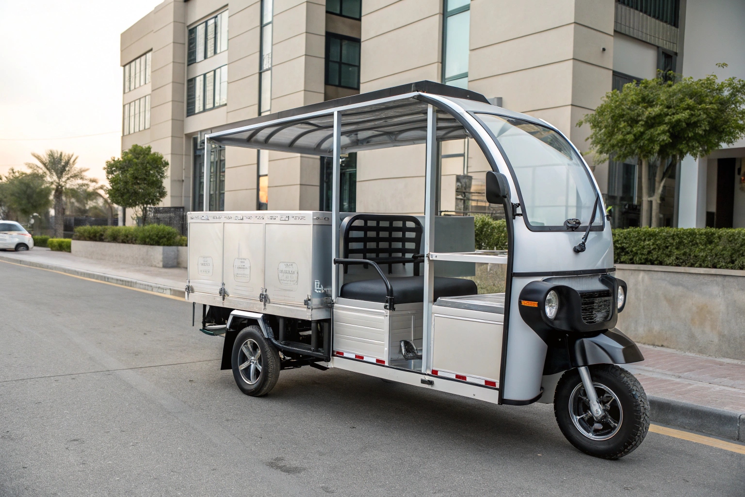 diagram showing a single tuk tuk chassis with interchangeable modules for cargo, passengers, and vending