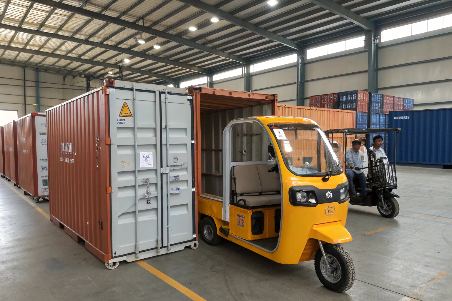 a perfectly packed shipping container with electric tuk tuks in CKD form