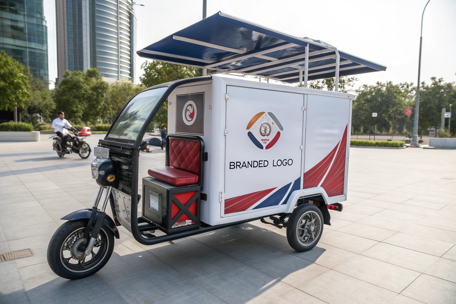 a collage of customized refrigerated tricycles for a dairy and fresh produce brand