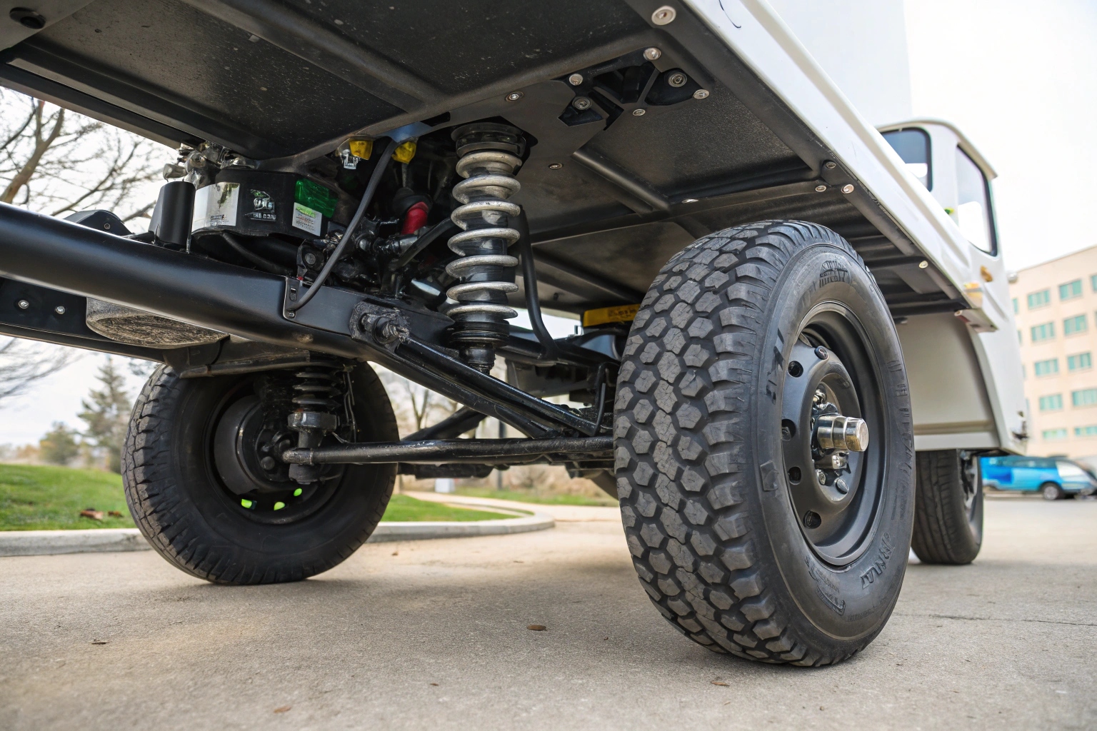 An electric tricycle with a visible heavy-duty suspension system carrying a load