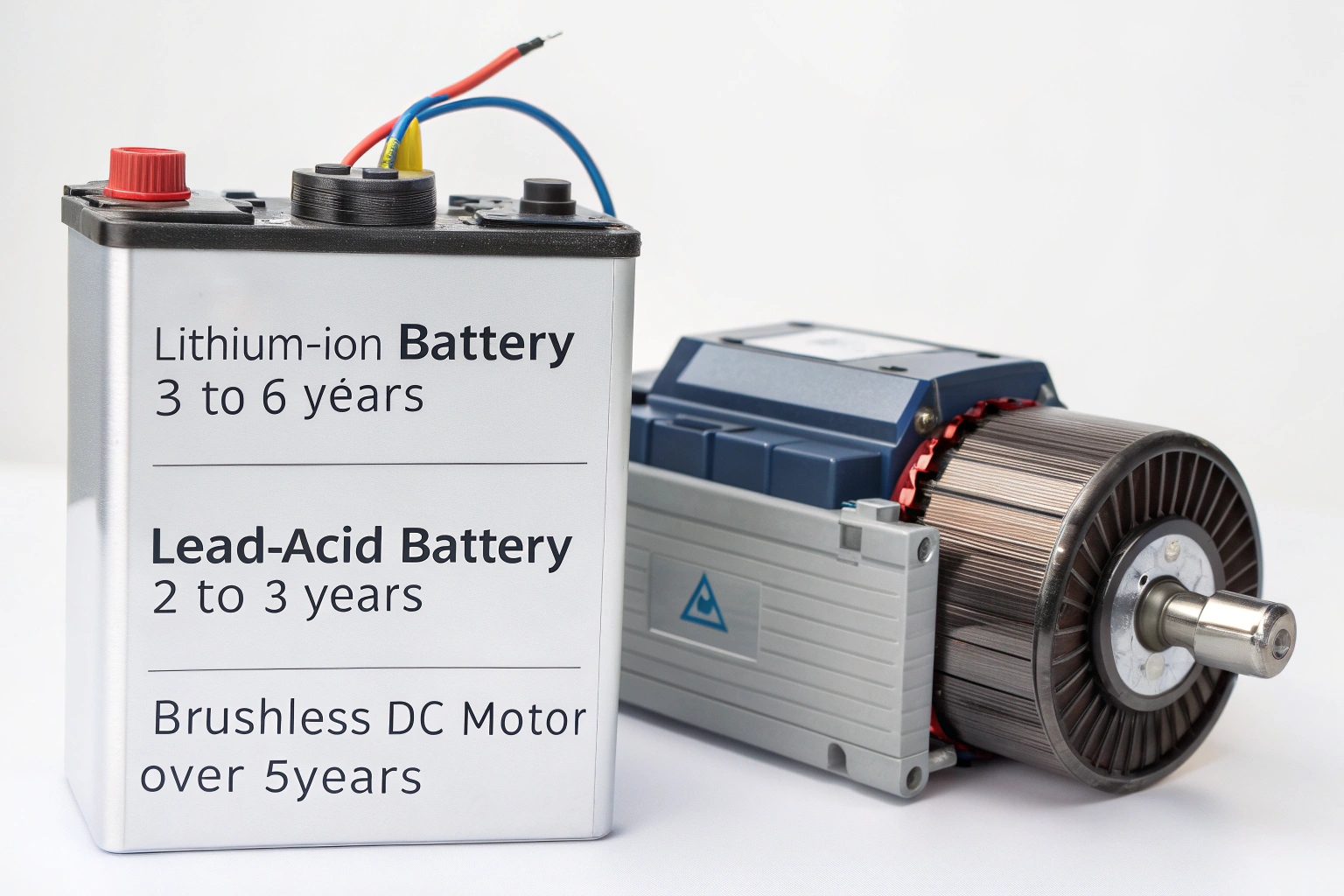a lithium battery pack next to a brushless DC motor