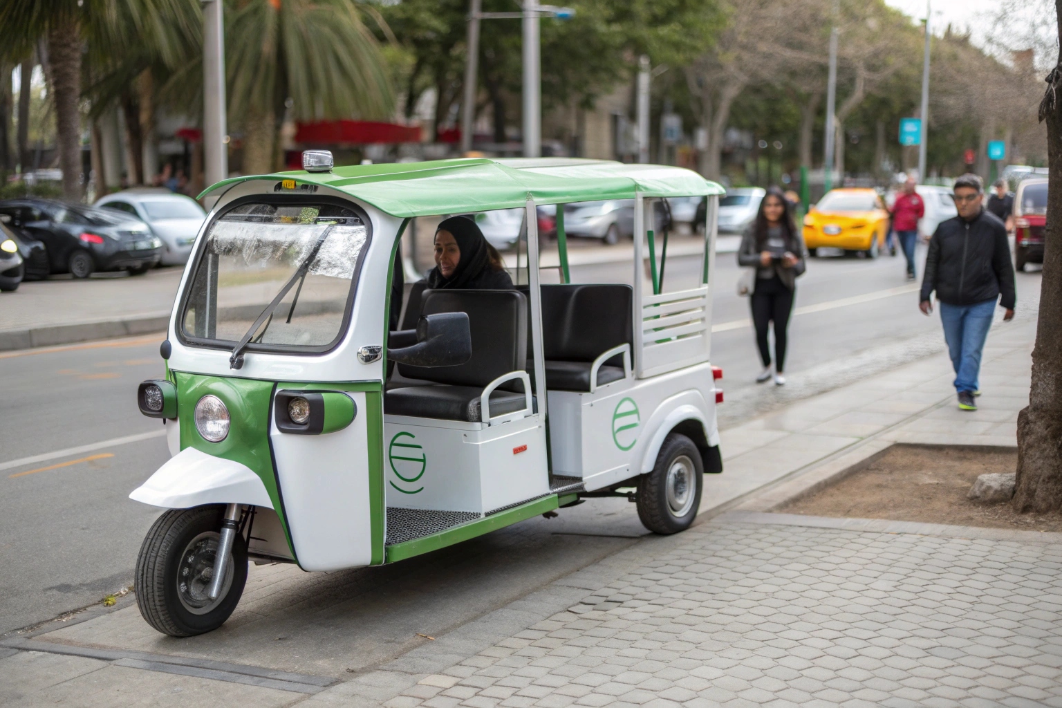 a petrol tuk tuk and an electric tuk tuk side-by-side