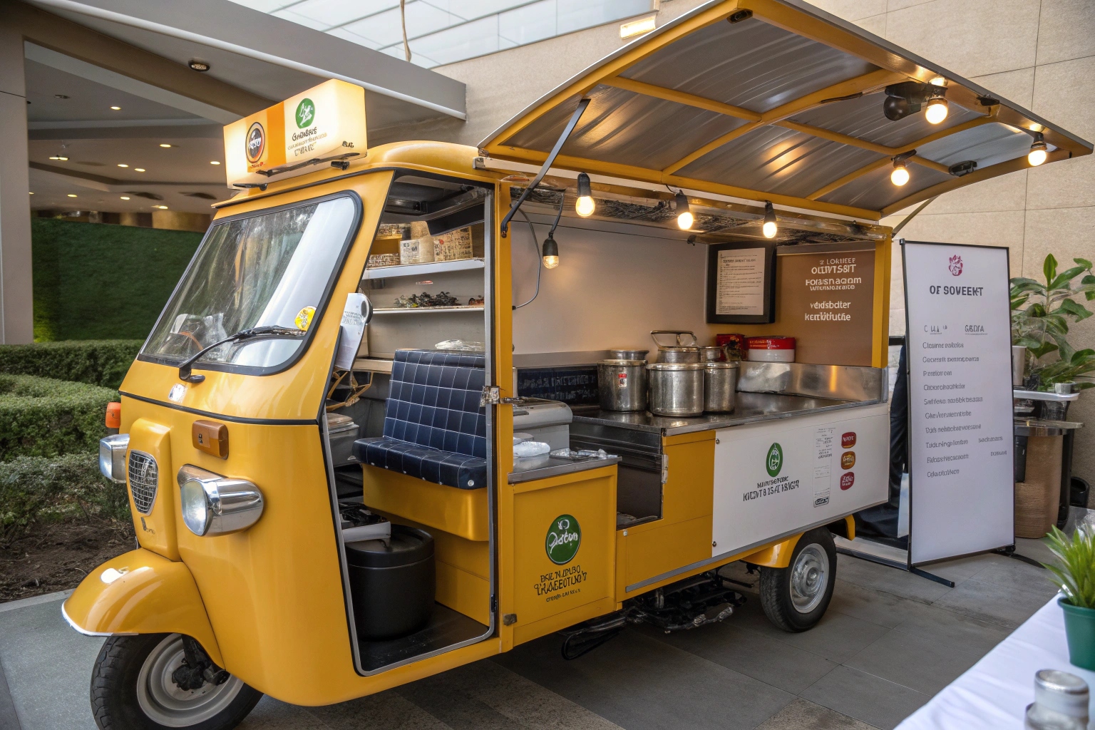 A detailed view of the customizable interior of an electric tuk tuk food truck with stainless steel counters