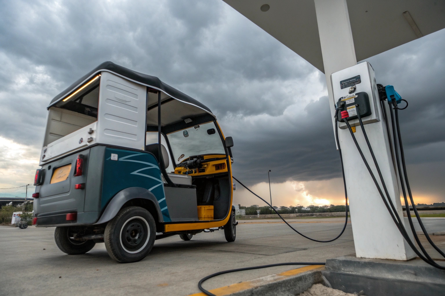 an electric trike charging with a thermometer showing cold temperature