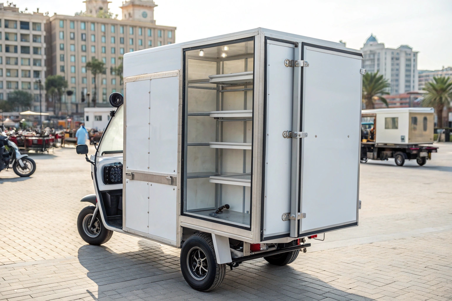 A comparison showing one enclosed trike with a refrigeration unit and another customized as a mini pop-up shop