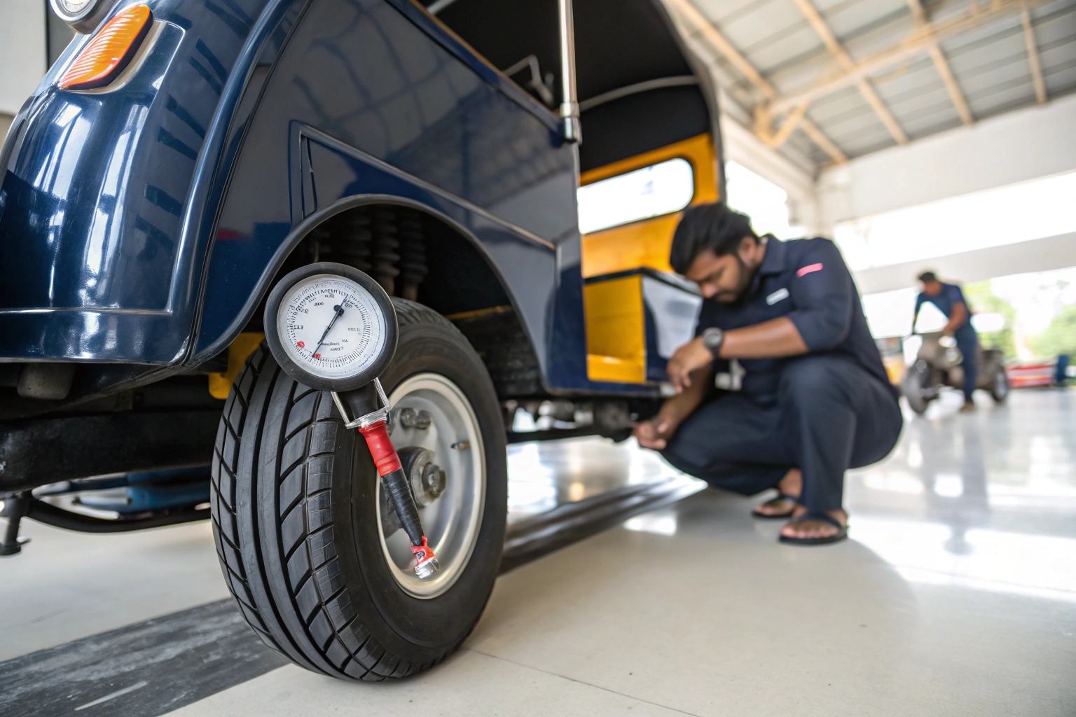 a person checking the tire pressure on an electric tuk