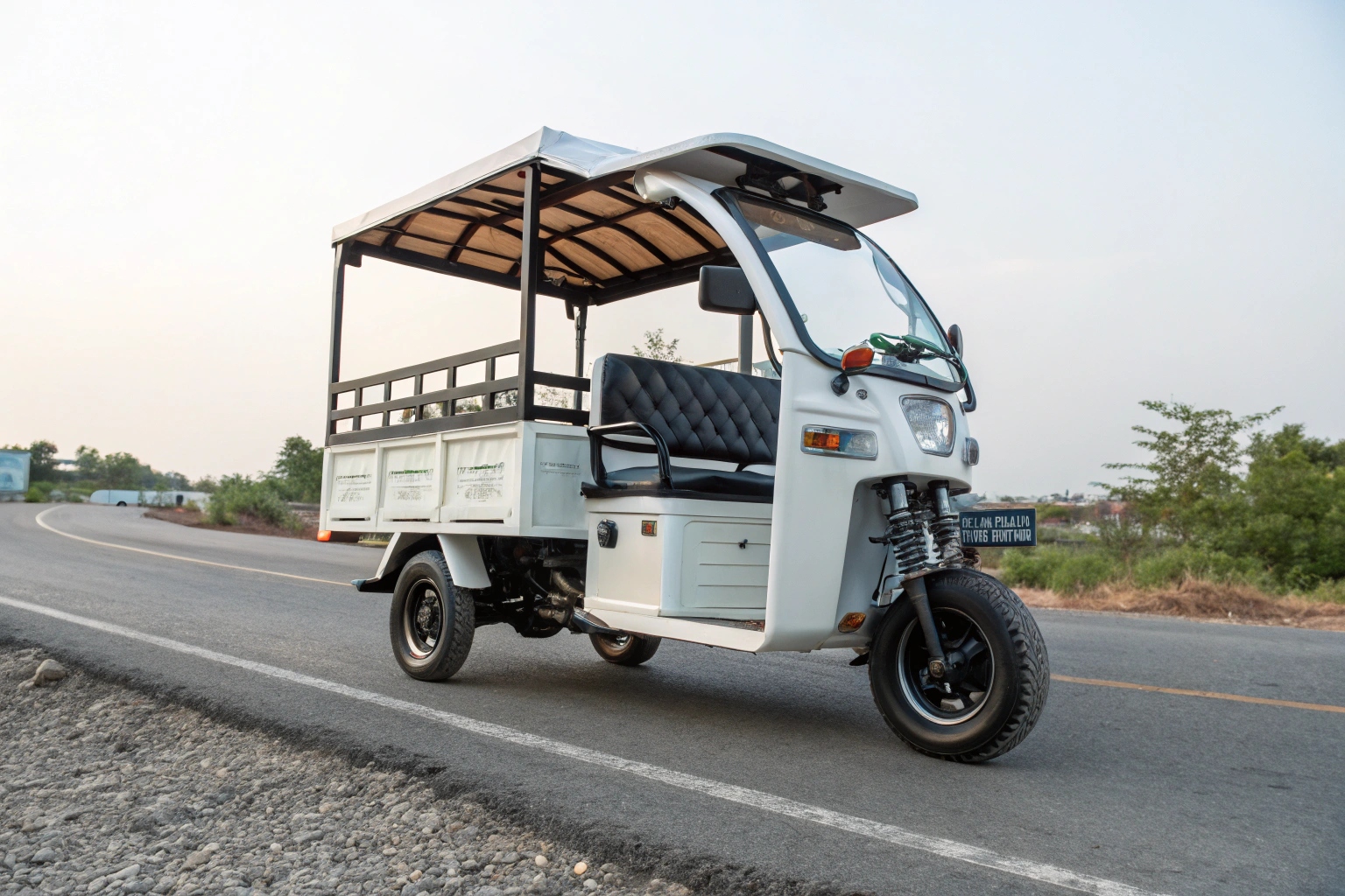 A split image showing a bumpy ride in a passenger tuk tuk and a leaning cargo tricycle