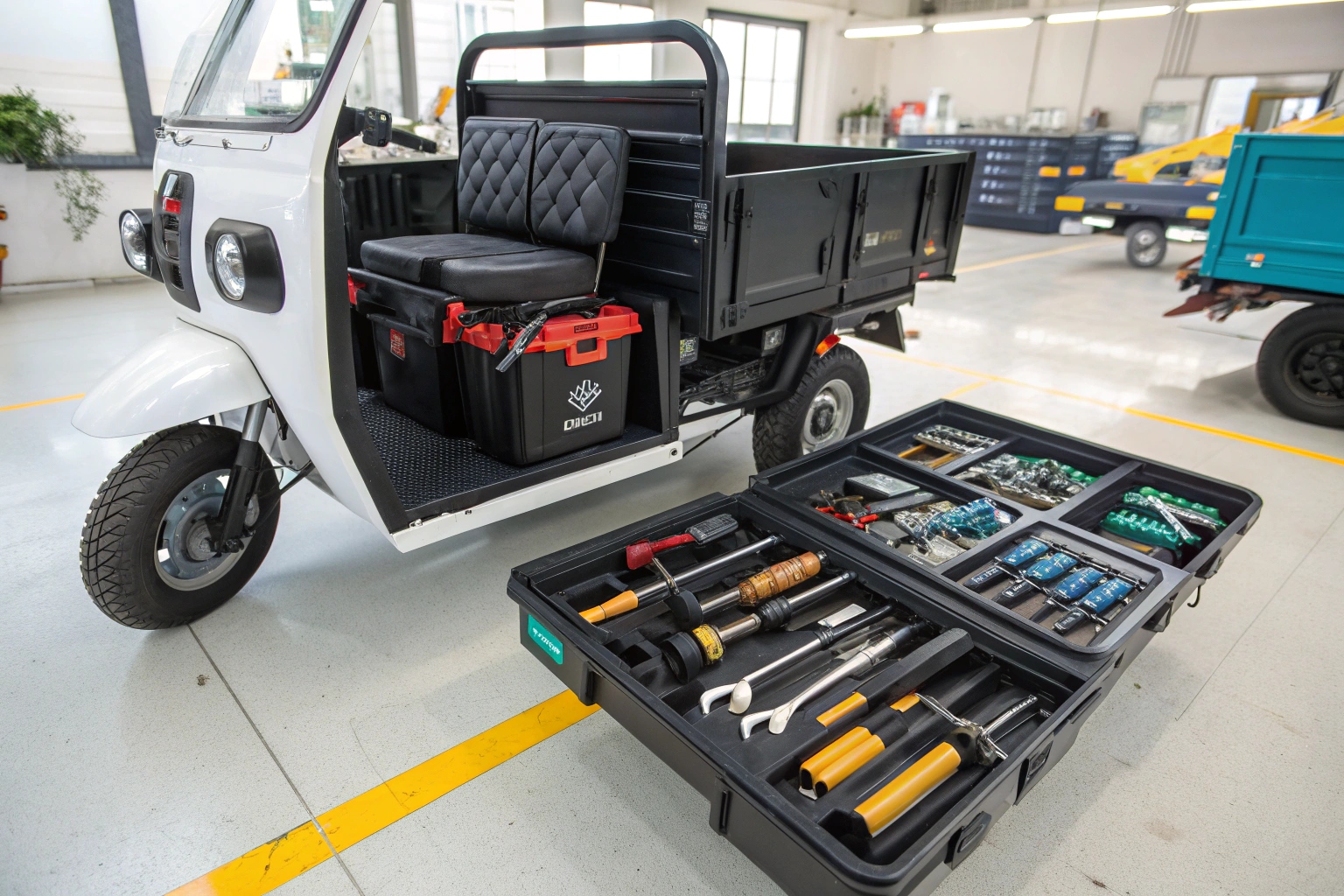 a set of wrenches, sockets, and screwdrivers for e-rickshaw repair