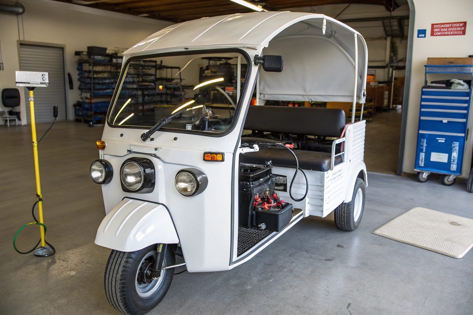 a mechanic inspecting the brakes and suspension of an electric tuk