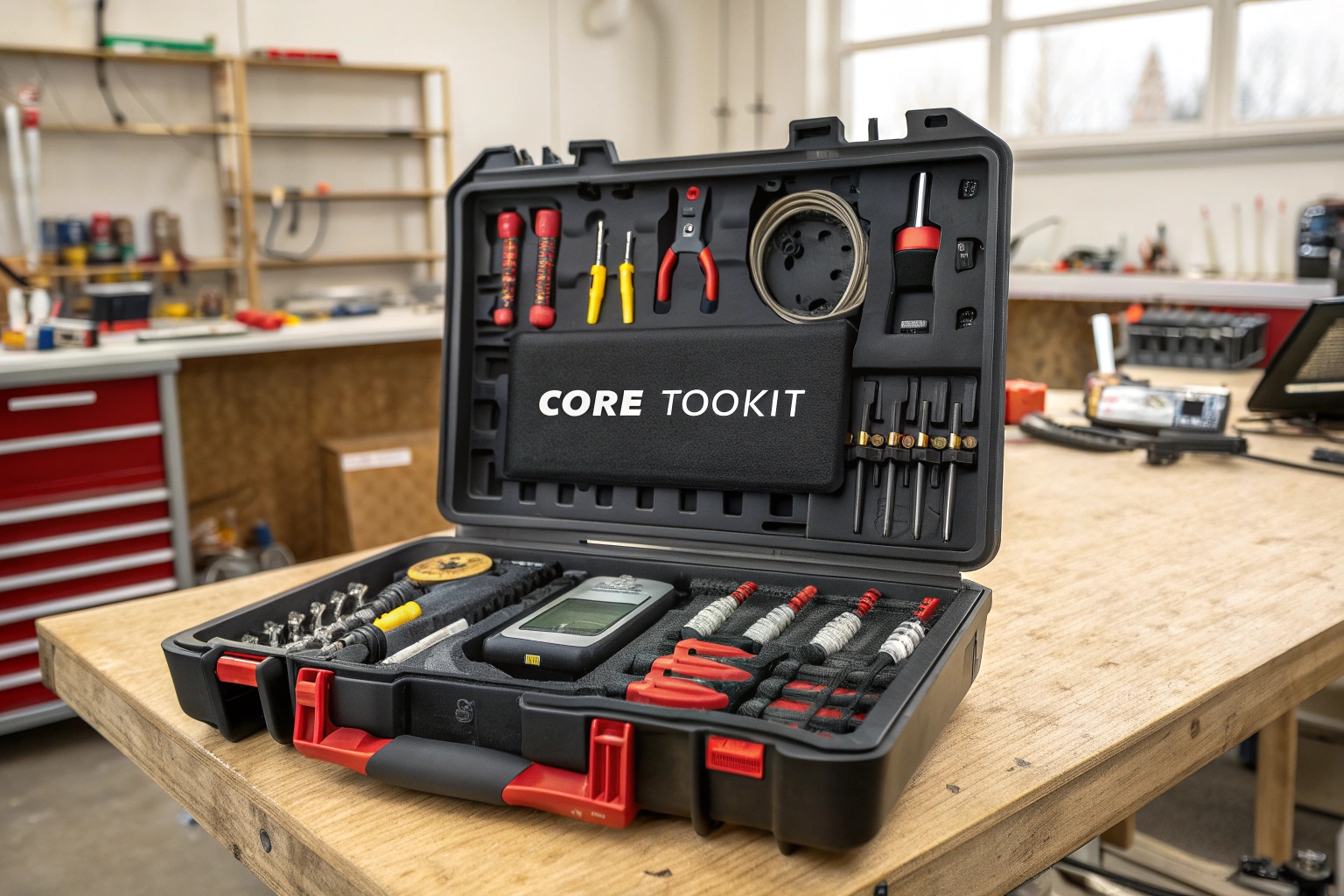 a well-organized workbench with essential tools for electric tuk tuk repair