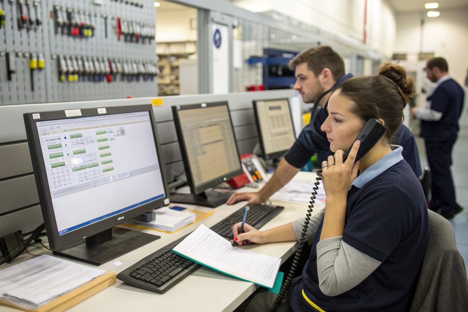 a friendly customer service agent with a headset talking to a client