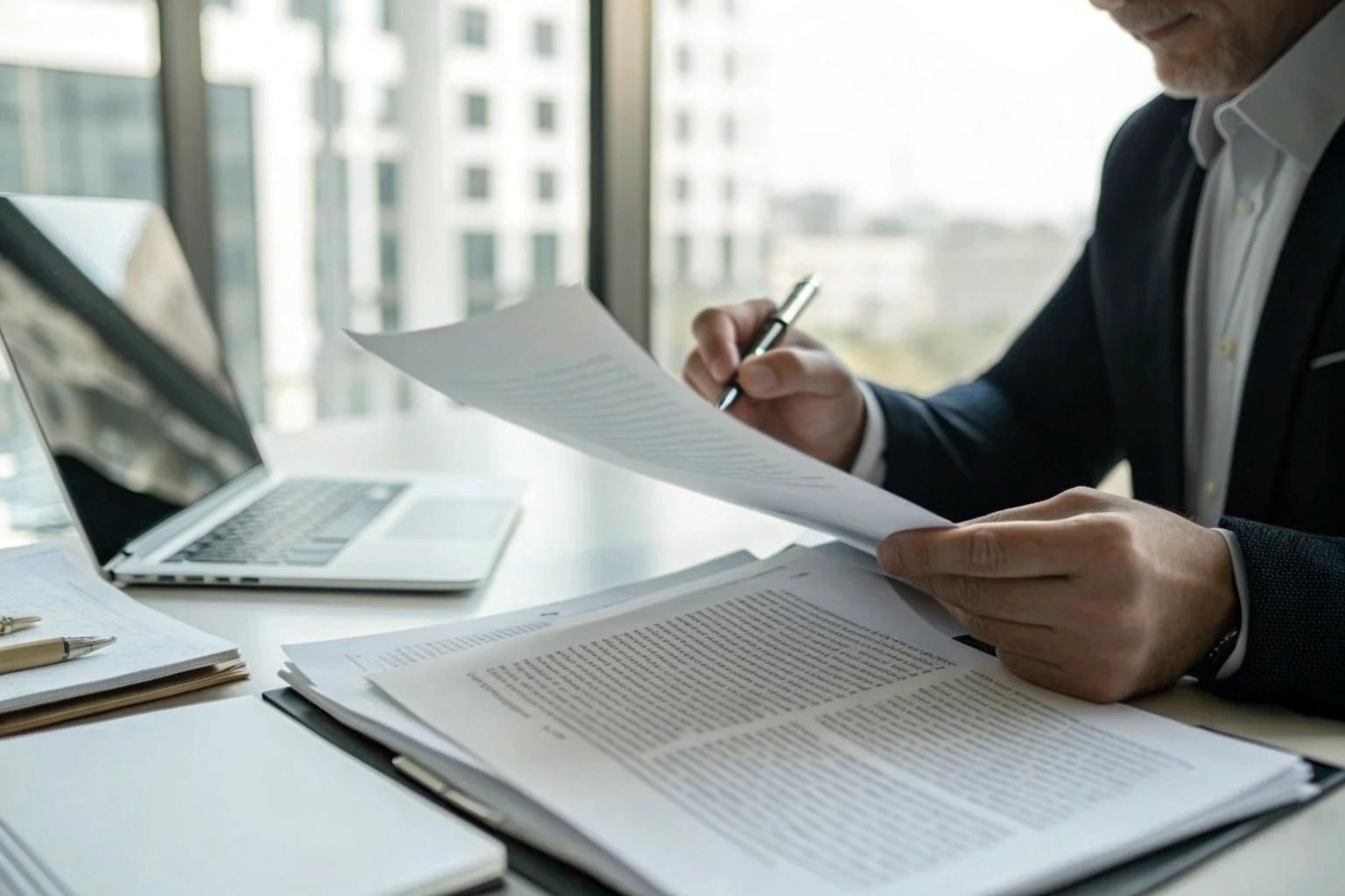Two business people signing a detailed international sales contract