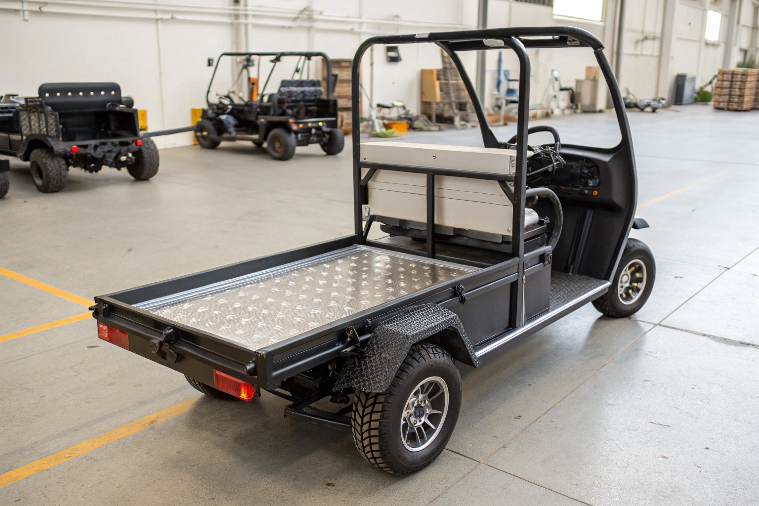 An electric tricycle with a custom slide-out rail for the battery compartment