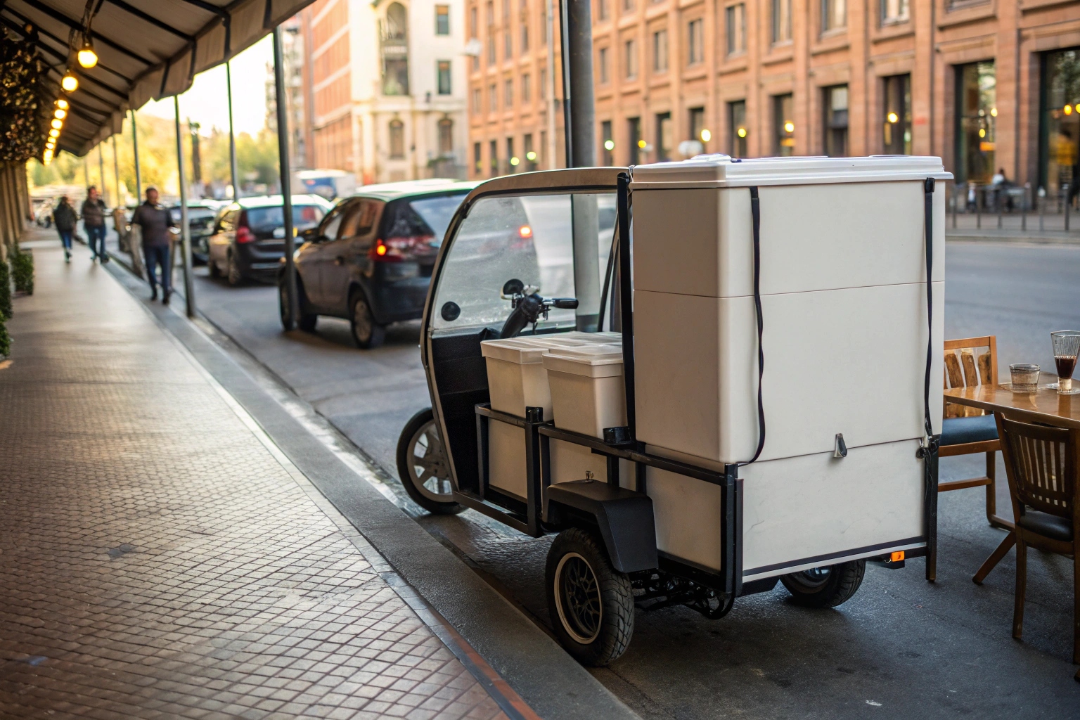 An enclosed electric cargo trike with fresh produce inside, branded for a local grocery store