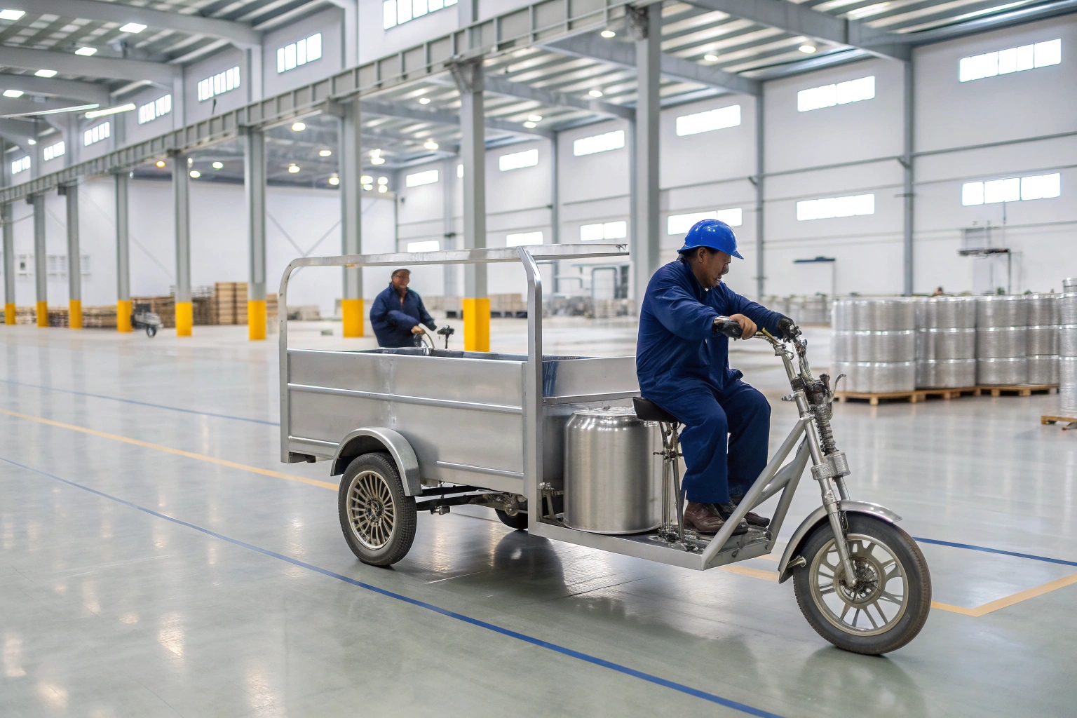 A stainless steel electric utility trike moving barrels inside a chemical processing facility