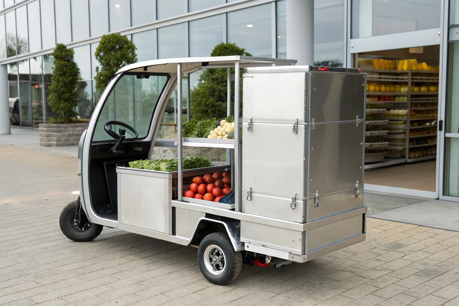 A stainless electric cargo rickshaw delivering crates of fresh vegetables to a restaurant