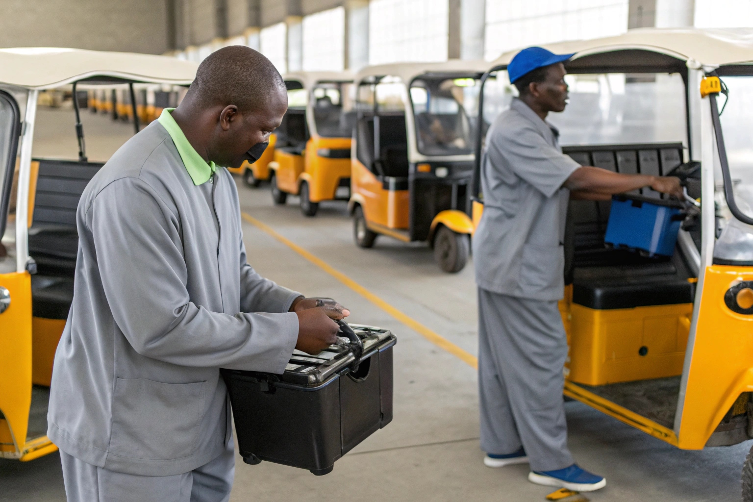A worker swapping a battery in an electric tuk-tuk at a warehouse