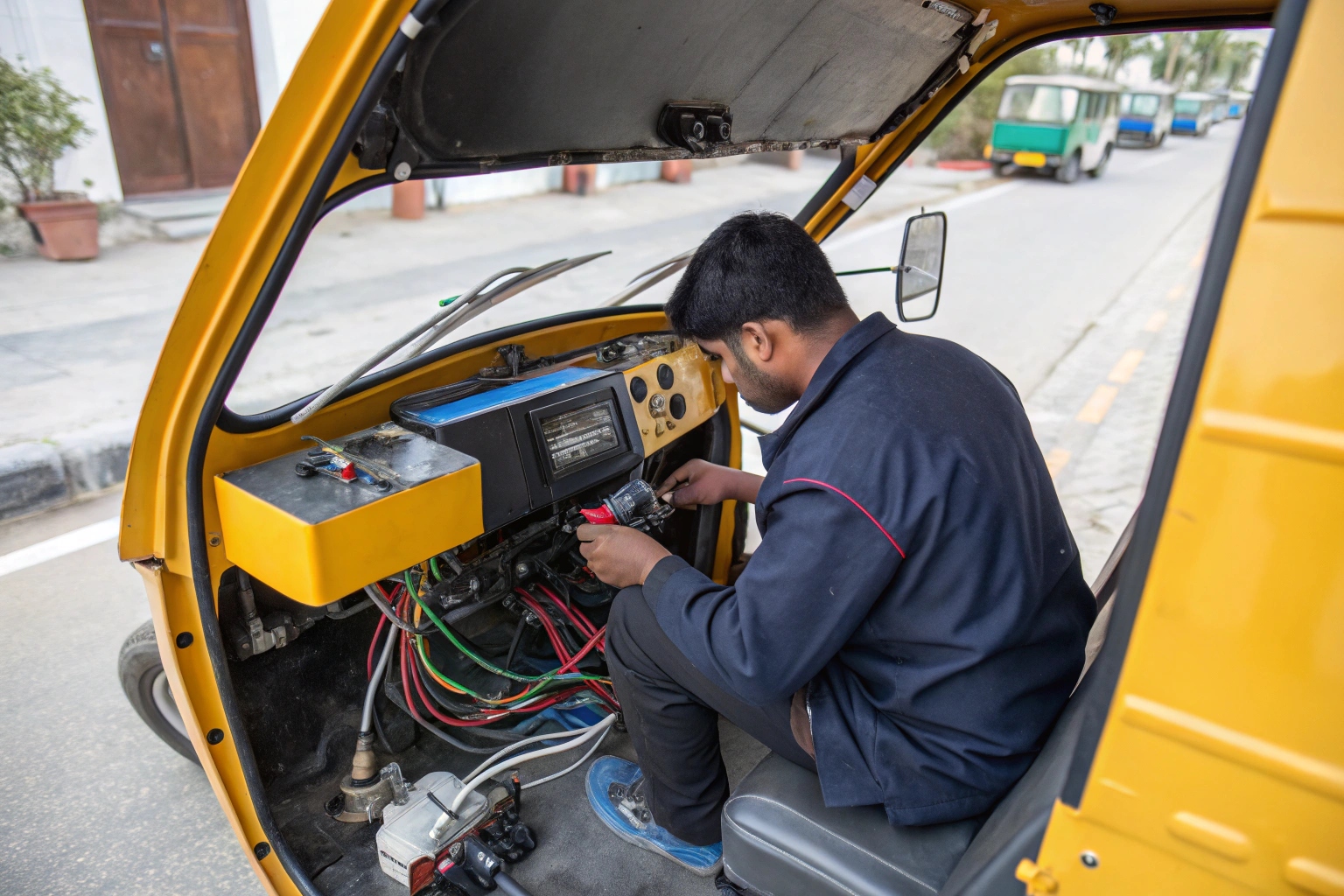 A professional technician using a diagnostic tool on an electric tuk tuk's controller