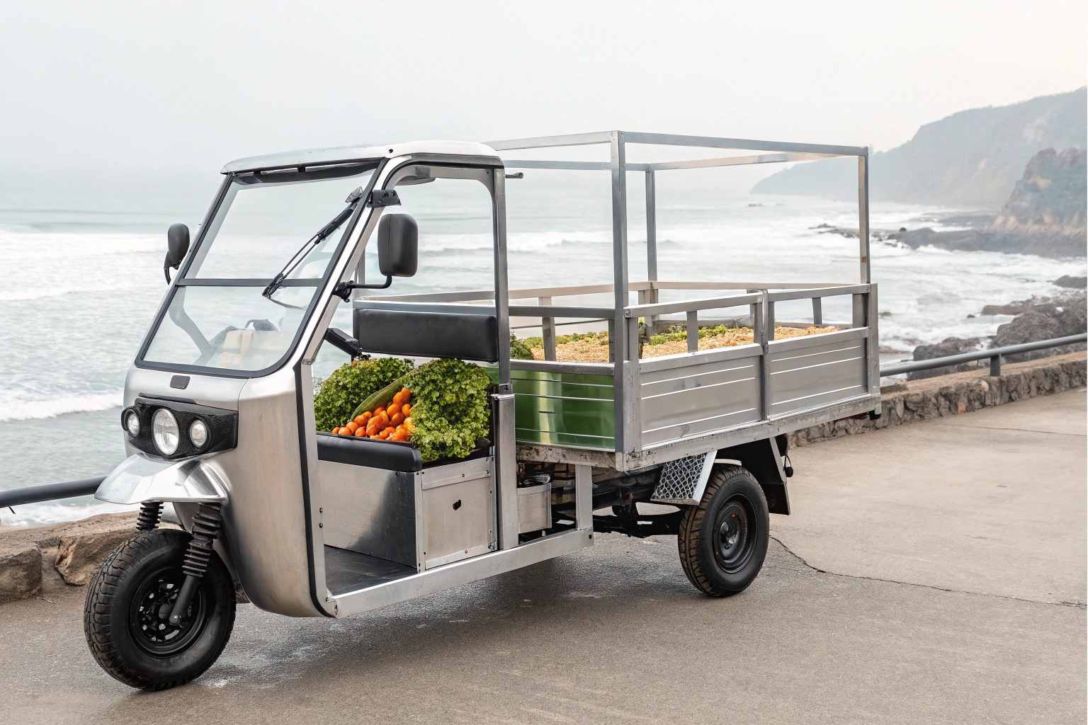 An electric cargo tricycle with a stainless steel frame parked near a fishing boat on a coast