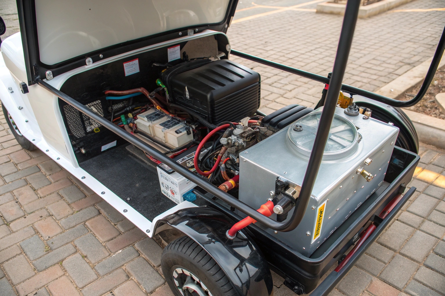 A mechanic cleaning an electric tricycle motor and checking its wire connections