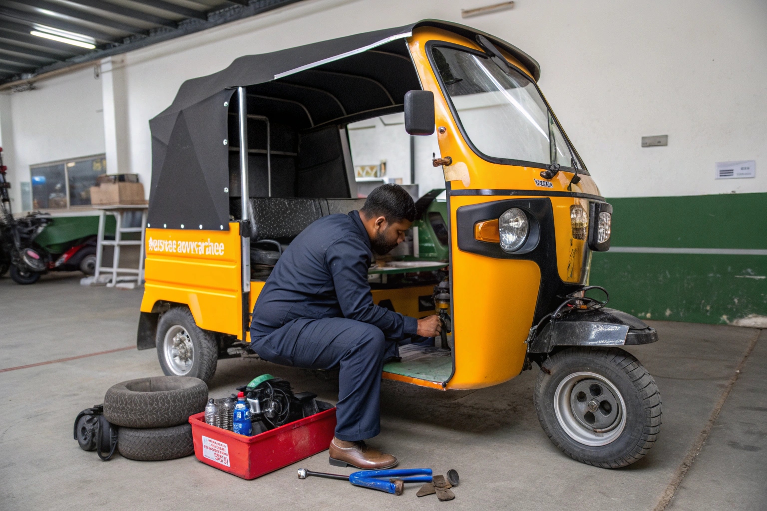 an electric tuk in a clean workshop undergoing maintenance