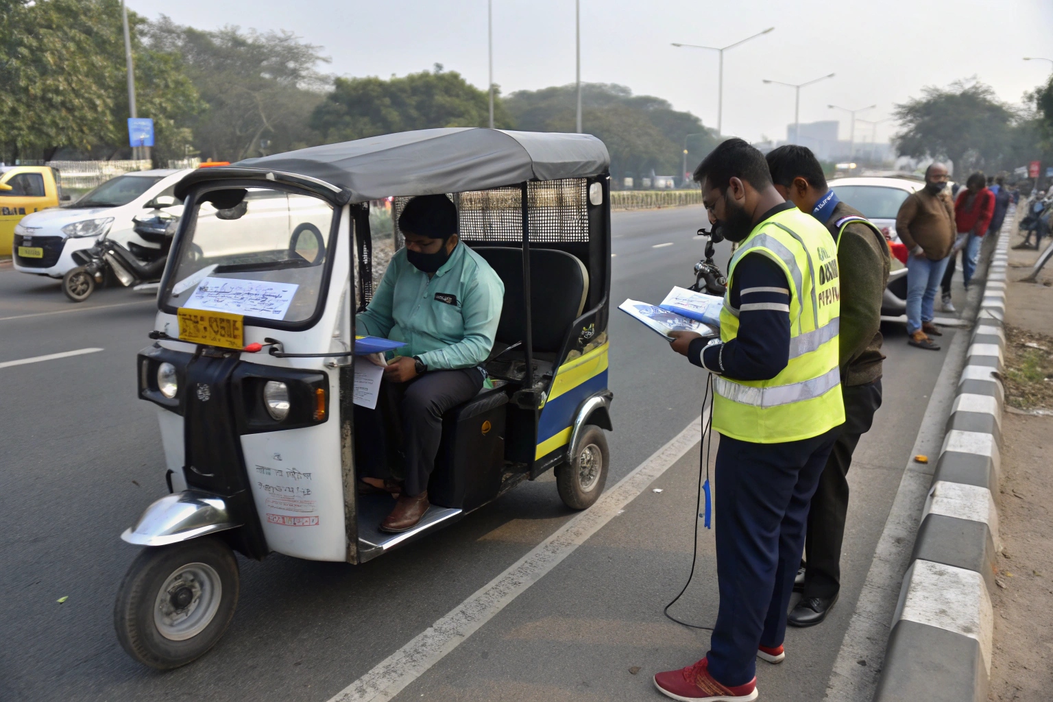 a transport authority officer inspecting an electric tuk tuk for road approval