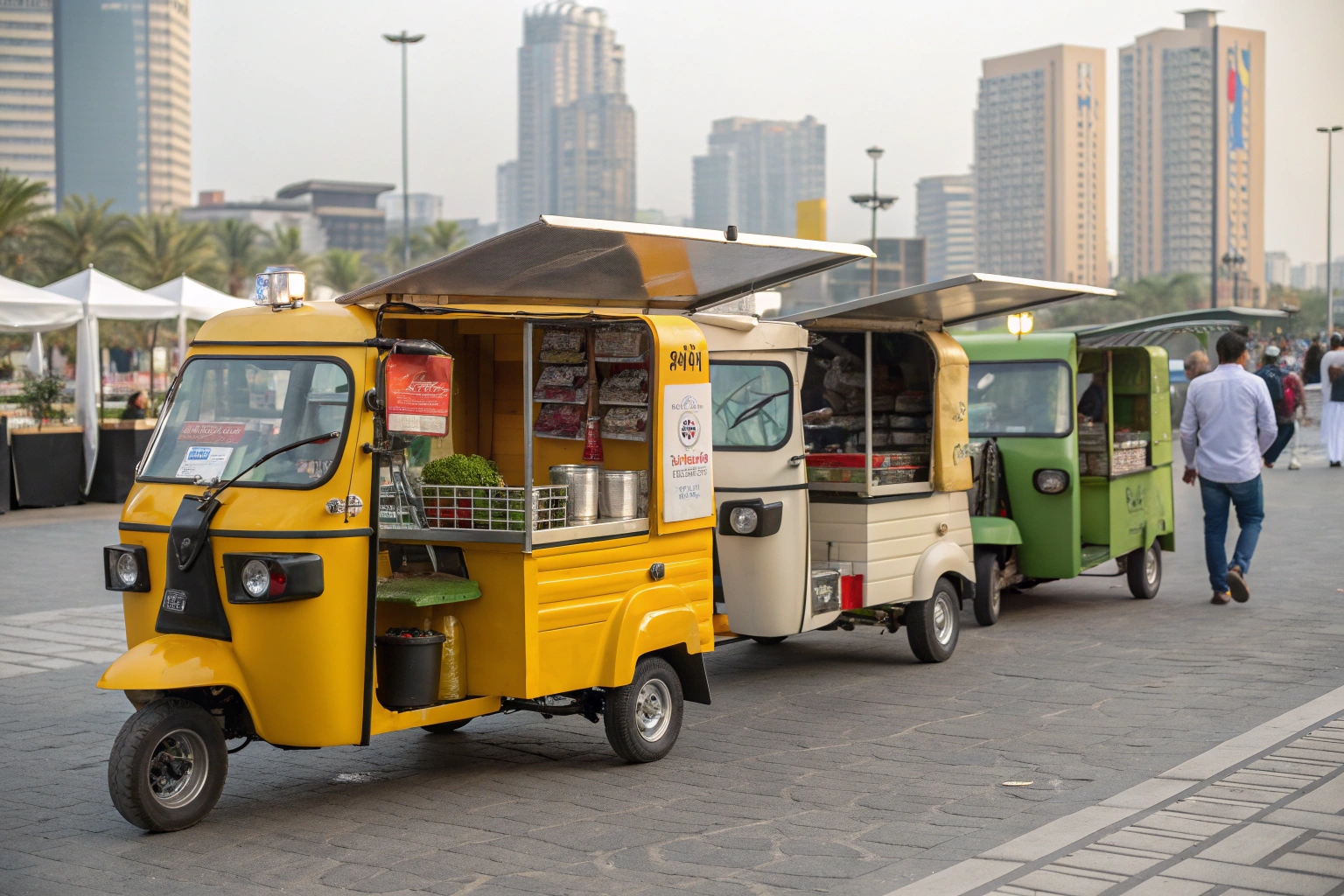 A row of colorful electric tuk tuk food trucks ready for distribution