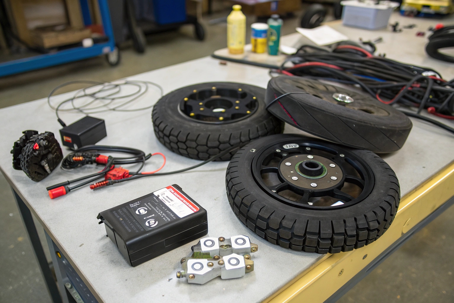 an organized shelf of various electric tricycle spare parts