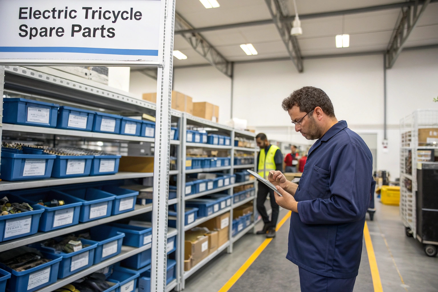 a well-organized warehouse with shelves of labeled electric trike spare parts