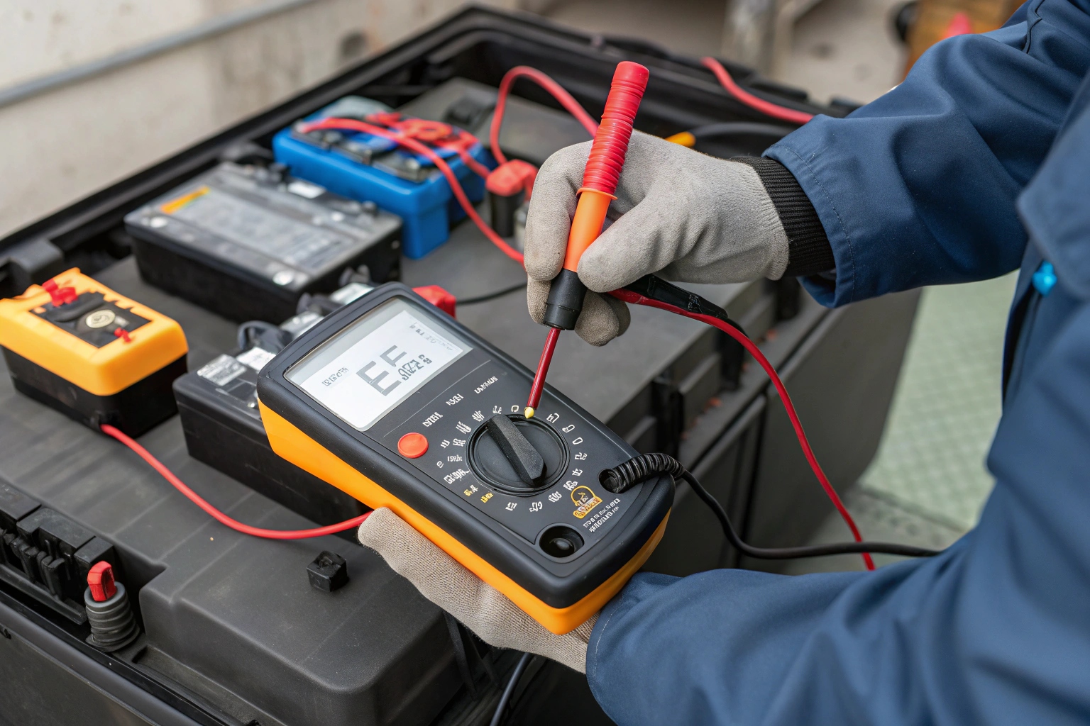 A person using a multimeter to test the voltage of an electric tuk tuk battery pack