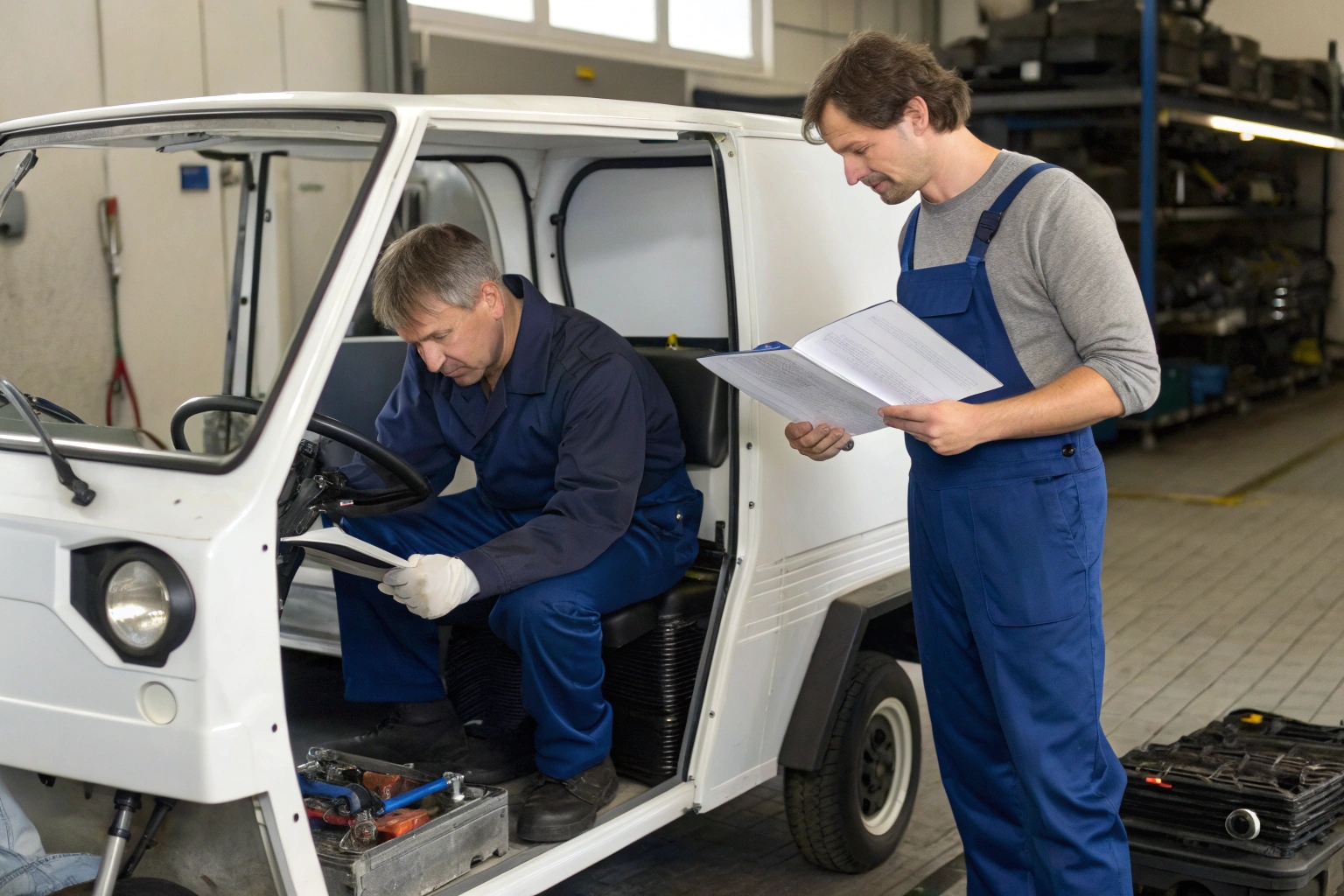 A support agent helping a client online with a technical manual in the background