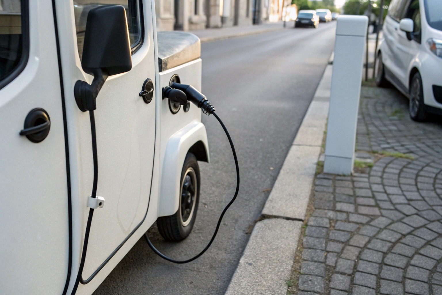 An electric tricycle plugged into a wall socket in a garage overnight