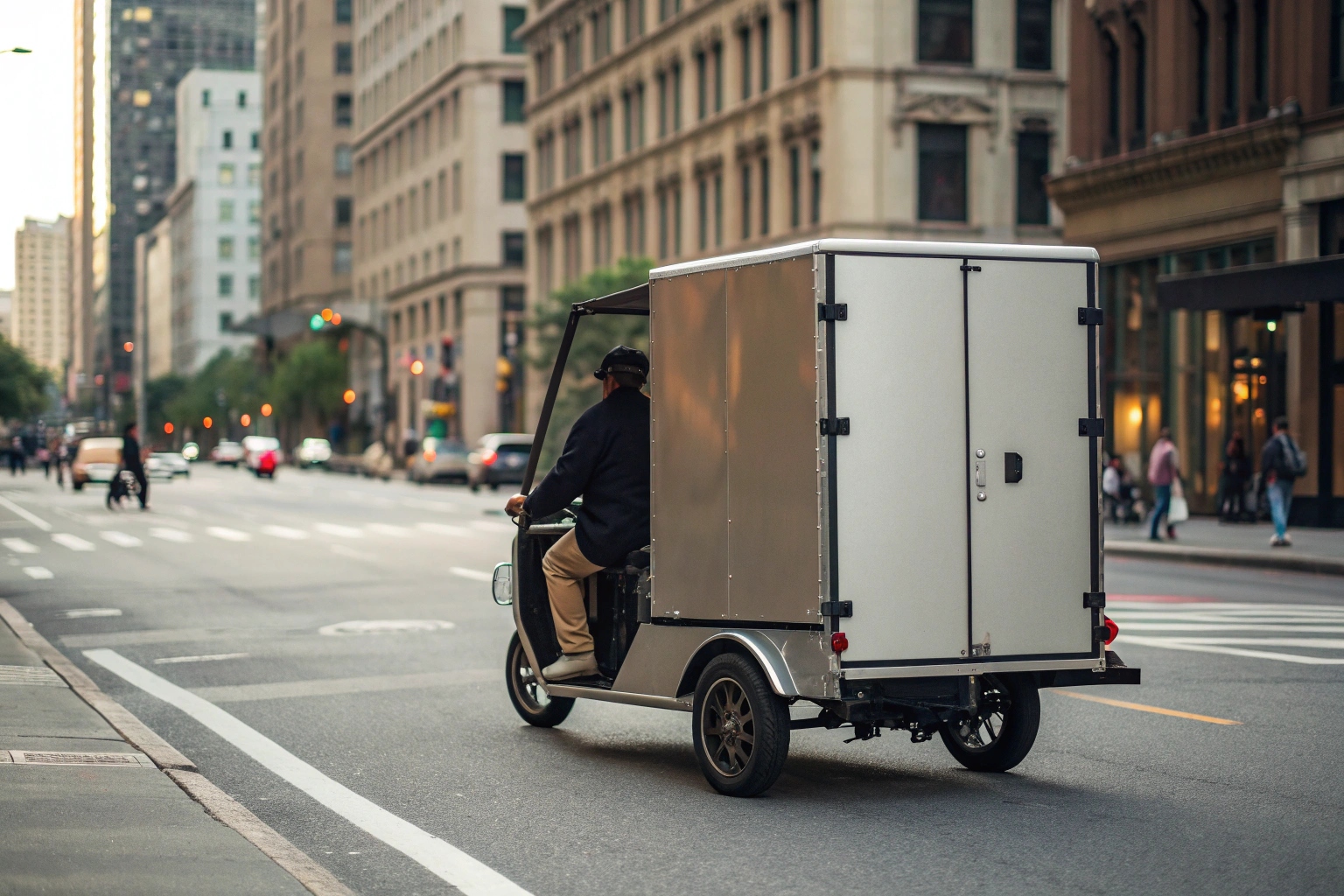 An enclosed electric tricycle being loaded with e-commerce packages in a busy city