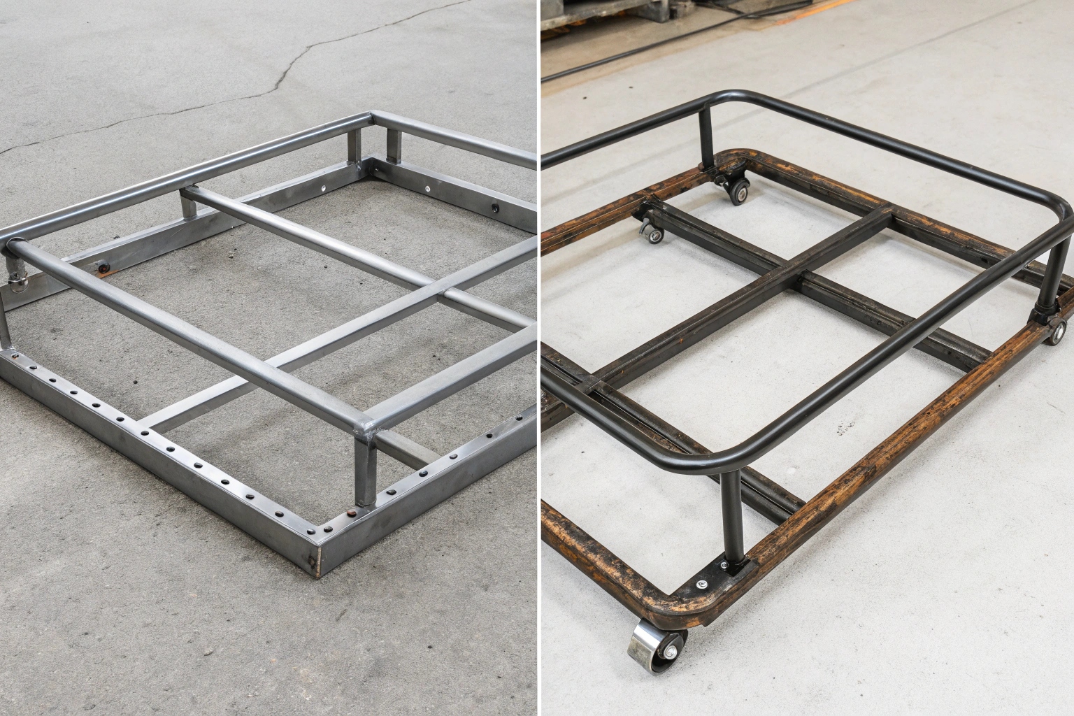 An engineer pointing to the structural welds on a stainless steel tricycle chassis