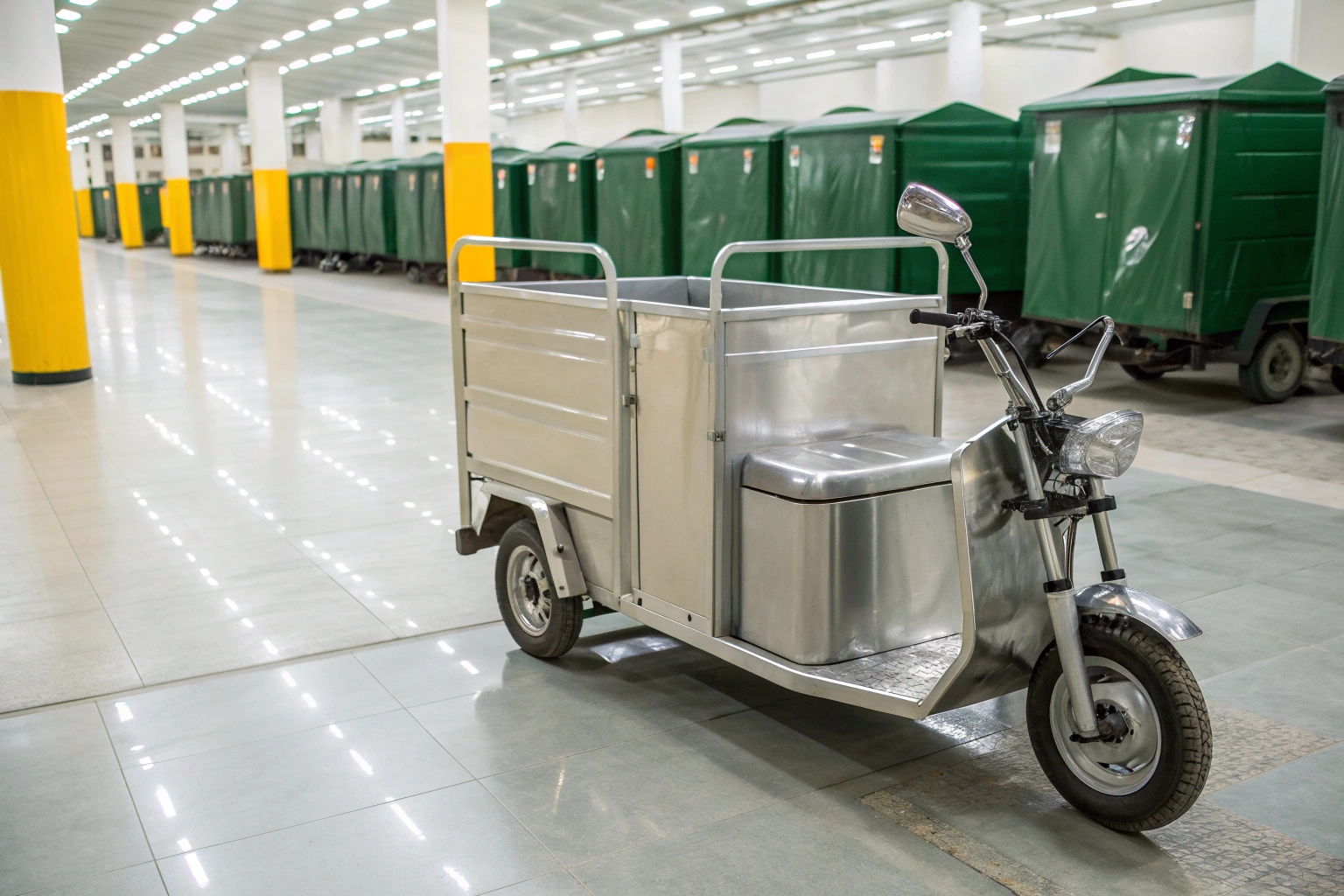 A worker washing down a stainless steel electric garbage tricycle after a collection round