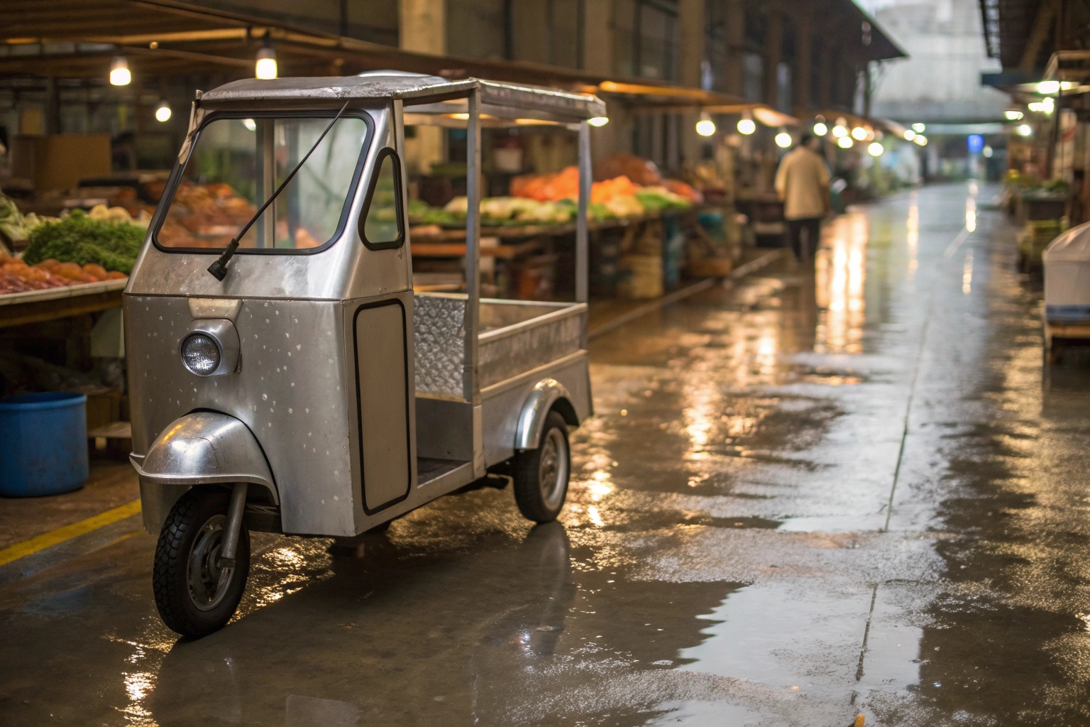 A stainless steel electric tricycle being loaded with fresh fish at a coastal market