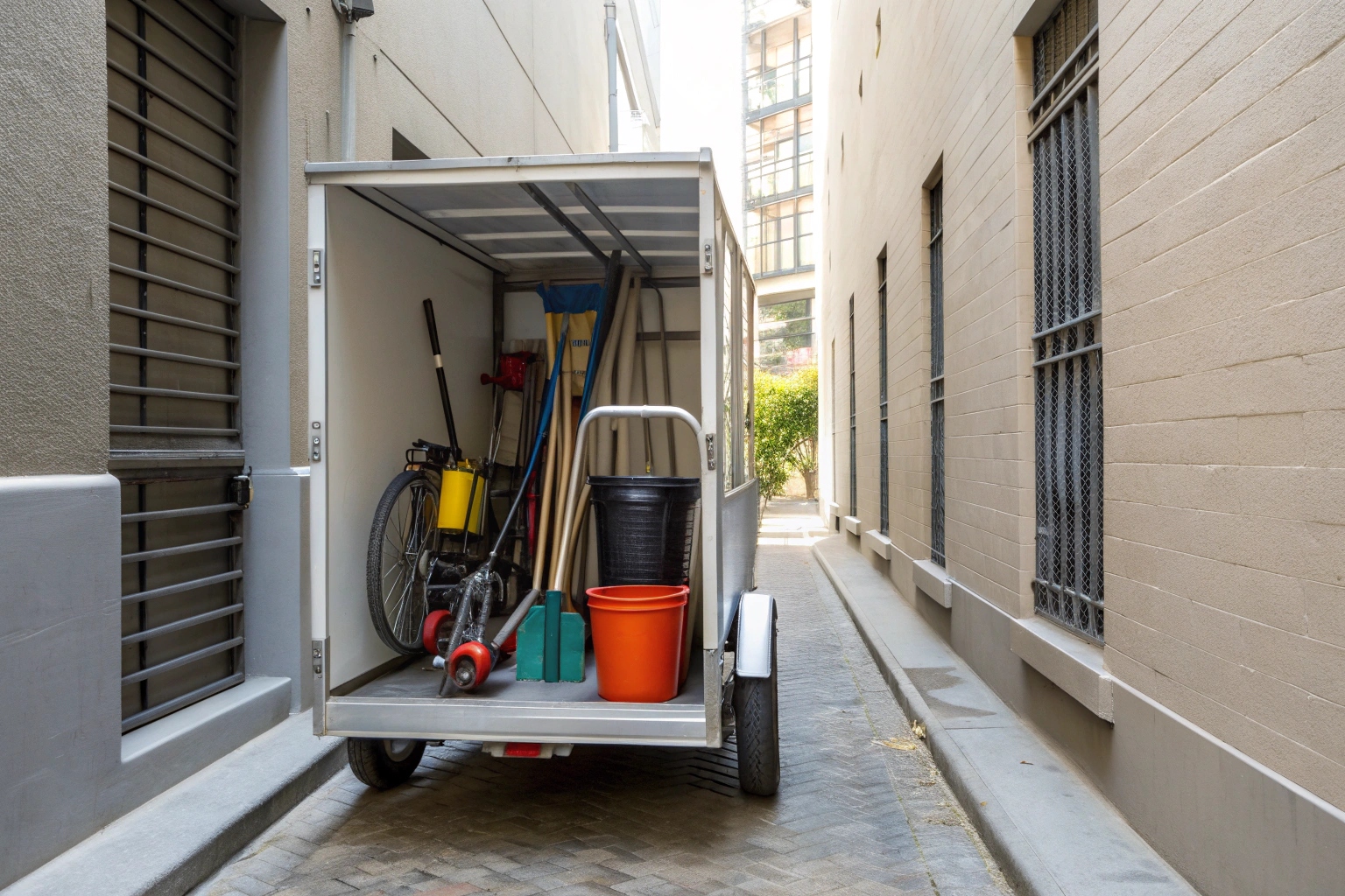 An enclosed electric trike customized for a home service professional with tools neatly organized inside