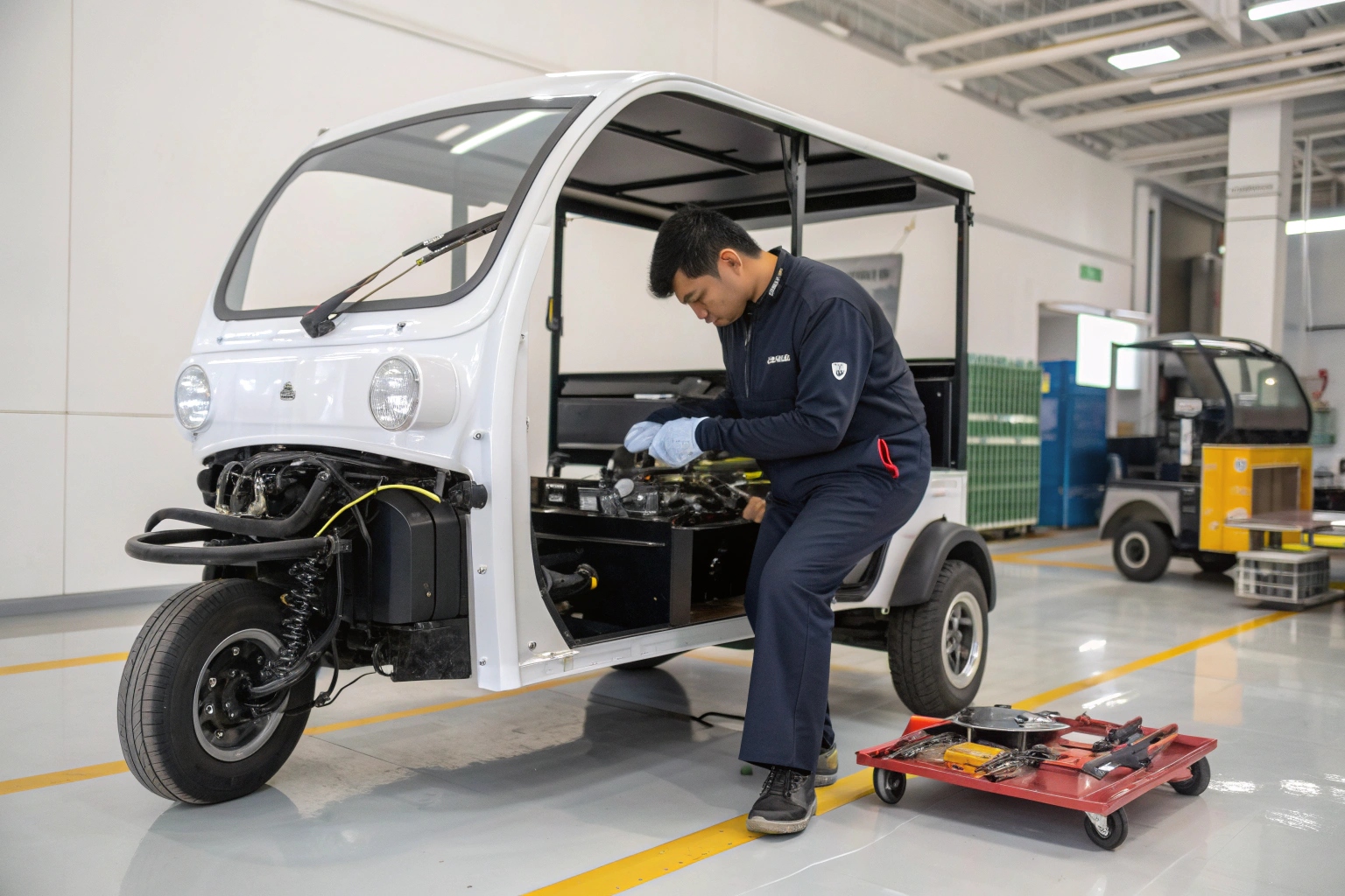 an electric tuk on a vehicle lift in a professional service center