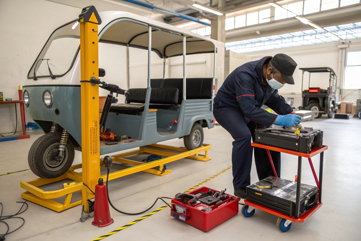 a specialized battery diagnostic tester connected to an electric tricycle battery