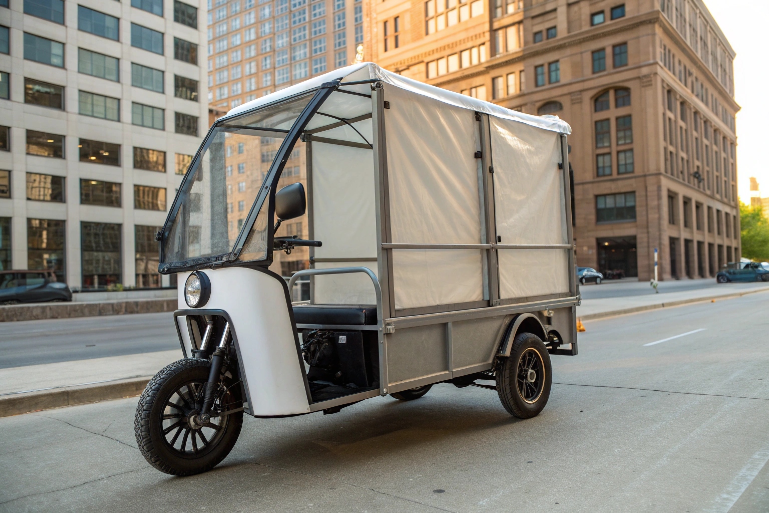 A fleet of versatile fully-enclosed electric cargo tricycles parked in a warehouse