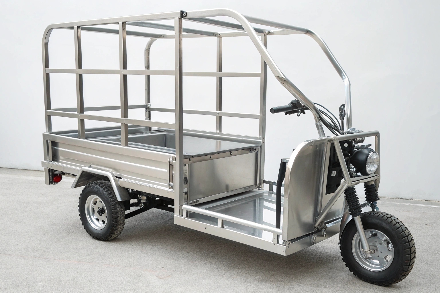 A collection of stainless steel electric cargo tricycles customized for different industries